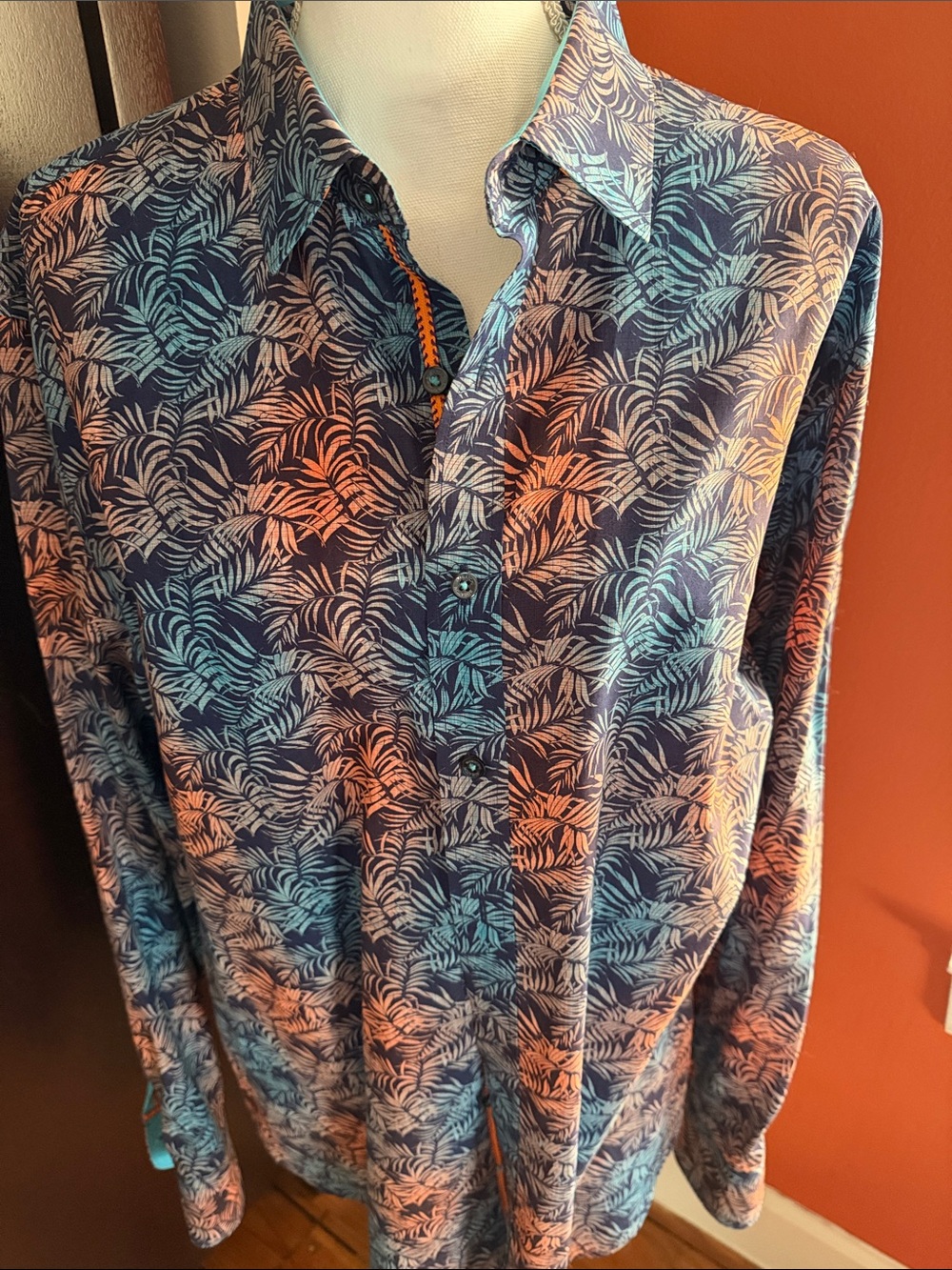 Bugatchi Navy and Light Blue Tropical Print Button-Down Shirt